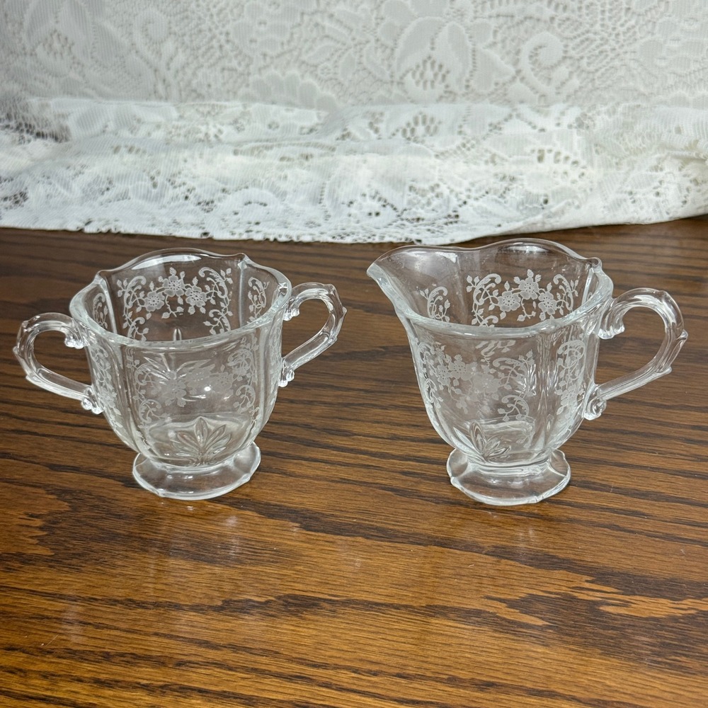 Vintage Clear Etched Floral Glass Creamer and Sugar Bowl Set Footed 3.25in